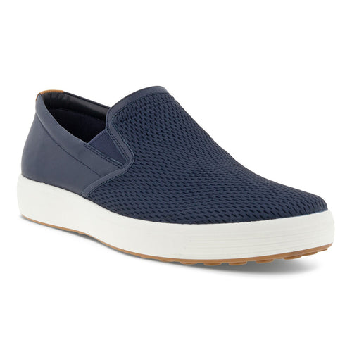 Marine Blue With White And Tan Sole Ecco Men's Soft 7 Slip On 2.0 Leather And Perforated Mesh Casual Profile View