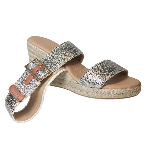 Metallic Silver With Beige Sole Pinaz Women's 479-7 Woven Fabric Double Strap Espadrille