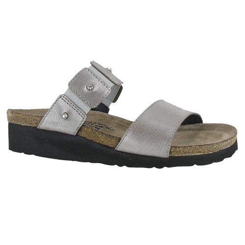 Silver With Black Sole Naot Women's Ashley Threads Leather Double Strap Sandal Flat With Rhinestone Accents