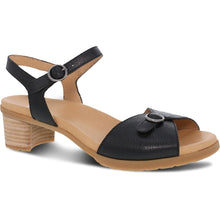 Load image into Gallery viewer, Black with Tan Sole Dansko Women&#39;s Tessie Leather Quarter Strap Heeled Sandal Profile View
