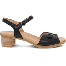 Load image into Gallery viewer, Black with Tan Sole Dansko Women&#39;s Tessie Leather Quarter Strap Heeled Sandal Side View
