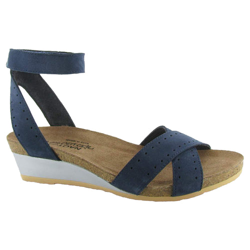 Navy Blue With White And Beige Sole Naot Women's Wand Velvet Nubuck Ankle Strap Cross Strap Sandal