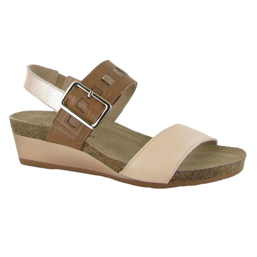 Caramel Tan And Blush Beige And Rose Pink Naot Women's Dynasty Leather Triple Strap Wedge Sandal