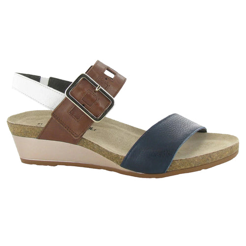 Black And Chestnut Brown And White Naot Women's Dynasty Leather Triple Strap Wedge Sandal