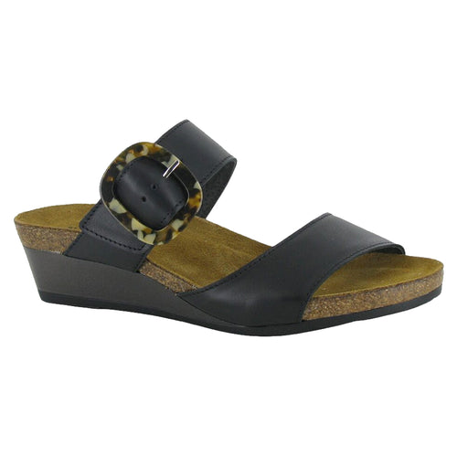 Black Naot Women's Kingdom Leather Double Strap Wedge Sandal With Large Marble Color Buckle
