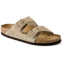 Load image into Gallery viewer, Taupe Dark Beige With Black Sole Birkenstock Men&#39;s Arizona Suede Double Buckle Strap Slide Sandal Profile View
