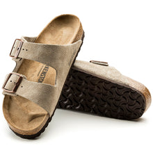 Load image into Gallery viewer, Taupe Dark Beige With Black Sole Birkenstock Men&#39;s Arizona Suede Double Buckle Strap Slide Sandal Top Sole View
