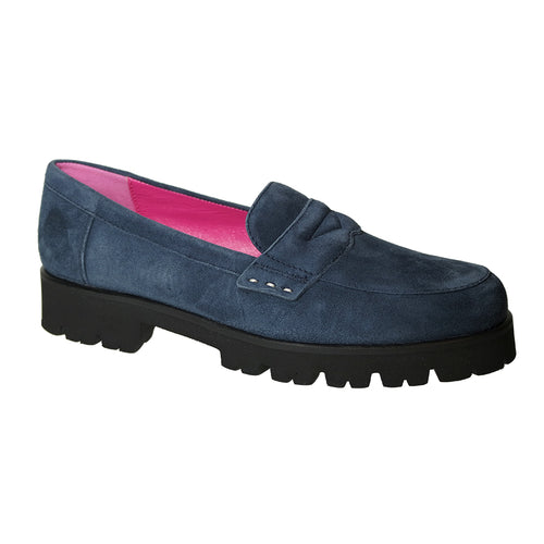 Navy With Black Sole Donna Carolina Women's Suede Penny Loafer Profile View