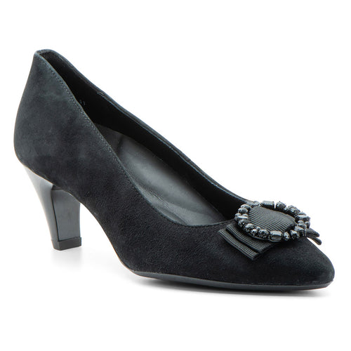 Black Ara Women's Taylor Suede Dress Pump With Elegant Ring of Beads On Fabric Strap Profile View