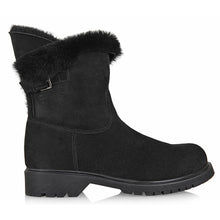 Load image into Gallery viewer, Black La Canadienne Women&#39;s Honey Waterproof Suede Cuffable Ankle Boot Shearling Lined Side View
