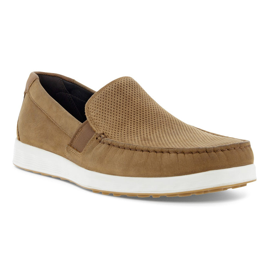 Camel Cognac Brown With White Ecco Men's S Lite Moc Slip On Perforated Nubuck Casual Loafer Profile View