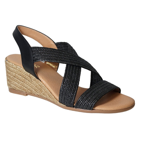 Negro Black With Tan Sole Pinaz Women's 548-5 Leather And Braided Elastic Strappy Espadrille