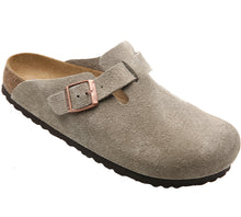 Load image into Gallery viewer, Taupe Dark Beige With Black Sole Birkenstock Women&#39;s Boston Suede Clog Profile View
