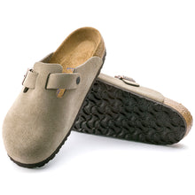 Load image into Gallery viewer, Taupe Dark Beige With Black Sole Birkenstock Women&#39;s Boston Suede Clog Top Sole View
