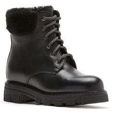 Load image into Gallery viewer, Black La Canadienne Women&#39;s Andy Waterproof Leather Winter Combat Boot With Genuine Shearling Collar And Lining Profile View
