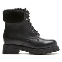 Load image into Gallery viewer, Black La Canadienne Women&#39;s Andy Waterproof Leather Winter Combat Boot With Genuine Shearling Collar And Lining Side View
