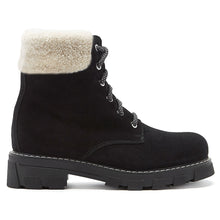 Load image into Gallery viewer, Black With White Collar La Canadienne Women&#39;s Andy Waterproof Suede Shearling Lined Combat Boot Side View
