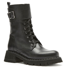 Load image into Gallery viewer, Black La Canadienne Women&#39;s Cody Waterproof Leather Combat Boot With Metal Embellishments At Sole Profile View
