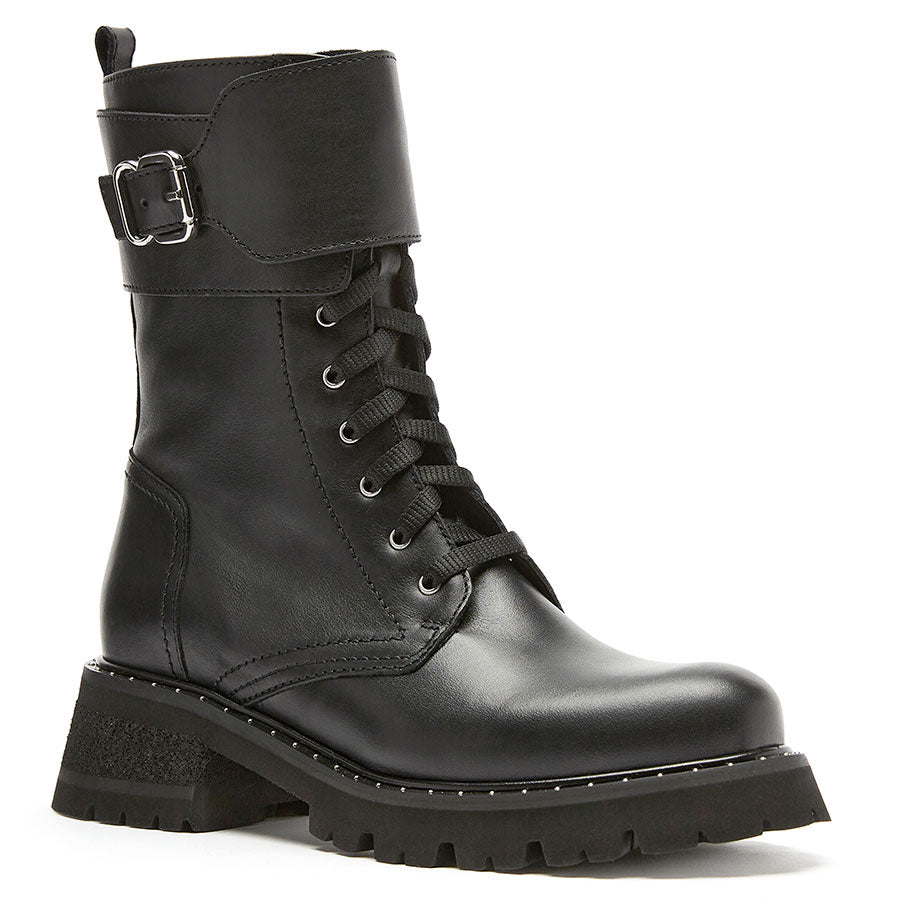 Black La Canadienne Women's Cody Waterproof Leather Combat Boot With Metal Embellishments At Sole Profile View