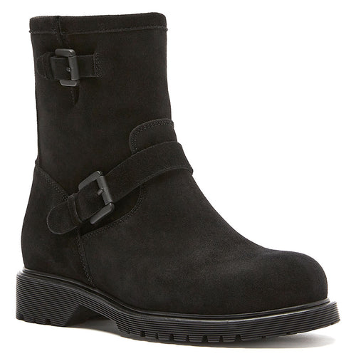 Black La Canadienne Women's Hanna Waterproof Suede Zipper And Double Buckle Shearling Lined Ankle Boot Profile View