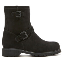 Load image into Gallery viewer, Black La Canadienne Women&#39;s Hanna Waterproof Suede Zipper And Double Buckle Shearling Lined Ankle Boot Side View
