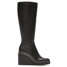Load image into Gallery viewer, Black La Canadienne Women&#39;s Goup Waterproof Leather Wedge Knee High Boot Side View
