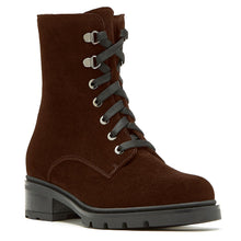 Load image into Gallery viewer, Brunette Brownish Red With Black Sole La Canadienne Women&#39;s Suttan Waterproof Suede Mid Height Combat Boot Profile View
