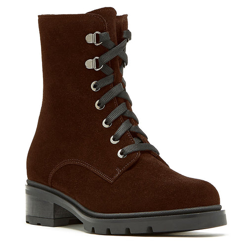 Brunette Brownish Red With Black Sole La Canadienne Women's Suttan Waterproof Suede Mid Height Combat Boot Profile View
