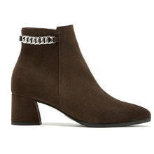 Load image into Gallery viewer, Brunette Brown With Black Sole La Canadienne Women&#39;s Andrea Waterproof Suede Heeled Ankle Boot With Chain Link Ornamentation At Collar Side View
