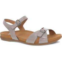 Load image into Gallery viewer, Stone Grey With Tan Sole Dansko Women&#39;s Judith Leather Cross Strap Quarter Strap Dual Buckle Sandal Profile View
