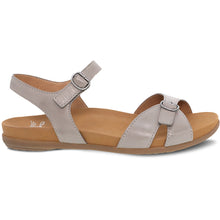 Load image into Gallery viewer, Stone Grey With Tan Sole Dansko Women&#39;s Judith Leather Cross Strap Quarter Strap Dual Buckle Sandal Side View
