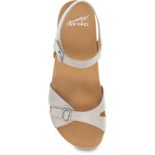 Load image into Gallery viewer, Stone Grey With Tan Sole Dansko Women&#39;s Judith Leather Cross Strap Quarter Strap Dual Buckle Sandal Top View
