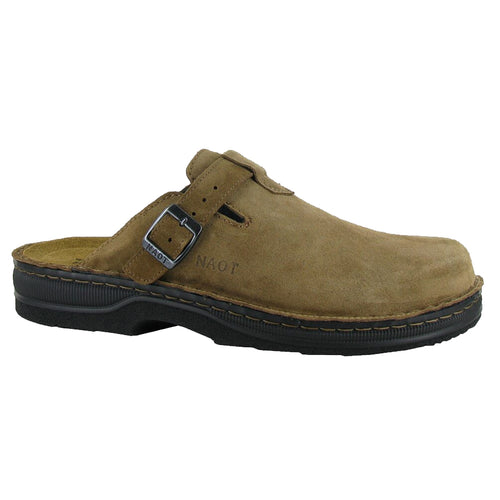 Acorn Brown With Black Sole Naot Men's Fiord Suede Clog With Buckle Strap