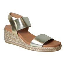 Load image into Gallery viewer, Platino Gold With Tan Sole Pinaz Women&#39;s 6404 Metallic Elastic Triple Strap Espadrille Profile View
