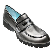 Load image into Gallery viewer, Pewter And Black Thierry Rabotin Women&#39;s Maractus Metallic Leather With Patent Trim Casual Loafer Profile View
