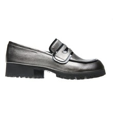 Load image into Gallery viewer, Pewter And Black Thierry Rabotin Women&#39;s Maractus Metallic Leather With Patent Trim Casual Loafer Side View
