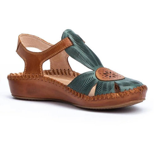 Emerald Green And Tan Pikolinos Women's P.Vallarta Perforated Leather Quarter Strap Strappy Flat Sandal Profile View