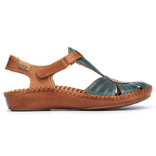 Load image into Gallery viewer, Emerald Green And Tan Pikolinos Women&#39;s P.Vallarta Perforated Leather Quarter Strap Strappy Flat Sandal Side View
