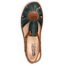 Load image into Gallery viewer, Emerald Green And Tan Pikolinos Women&#39;s P.Vallarta Perforated Leather Quarter Strap Strappy Flat Sandal Top View
