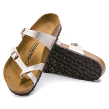 Load image into Gallery viewer, Antique Lace White With Black Sole Birkenstock Women&#39;s Mayari BirkoFlor Metallic Synthetic Toe Loop Sandal Top Sole View
