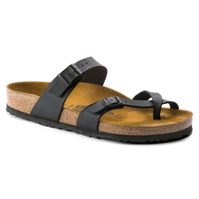 Load image into Gallery viewer, Black Birkenstock Women&#39;s Mayari BirkoFlor Synthetic Toe Loop Sandal Profile View
