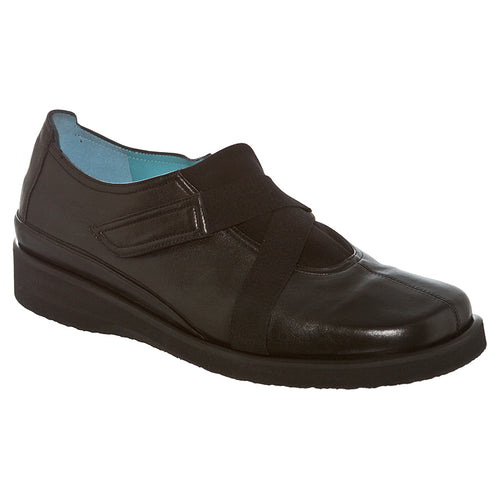 Black Thierry Rabotin Women's Lena Leather And Elastic Loafer With Velcro Strap Closure Profile View