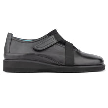 Load image into Gallery viewer, Black Thierry Rabotin Women&#39;s Lena Leather And Elastic Loafer With Velcro Strap Closure Side View
