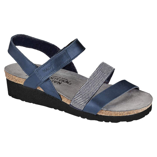 Polar Sea Blue With Black Sole Naot Women's Krista Metallic Leather And Silver Rivets Strappy Sandal Flat With Rivet Accents