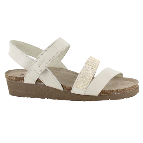 Ivory Off White With Brown Sole Naot Women's Krista Leather Strappy Sandal Flat With Rivet Accents