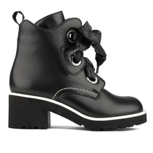 Load image into Gallery viewer, Black With White Trim Thierry Rabotin Women&#39;s Zero Leather Block Heel Combat Boot With Puffy Lacing Side View
