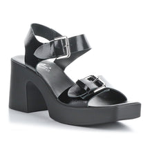 Load image into Gallery viewer, Black Bos And Co Women&#39;s Vela Leather Triple Strap Block Heel Sandal Profile View
