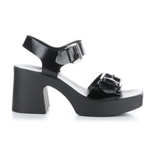 Load image into Gallery viewer, Black Bos And Co Women&#39;s Vela Leather Triple Strap Block Heel Sandal Side View
