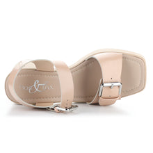 Load image into Gallery viewer, Nude Beige Bos And Co Women&#39;s Vela Leather Triple Strap Block Heel Sandal Top View
