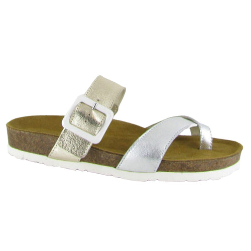 Gold And Silver With Off White Naot Women's Fresno Metallic Leather Toe Loop Slide Sandal